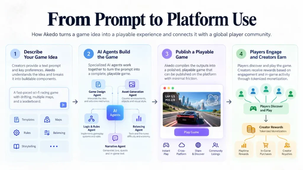 Akedo infographic showing text prompts, AI agents, playable games, and player activity