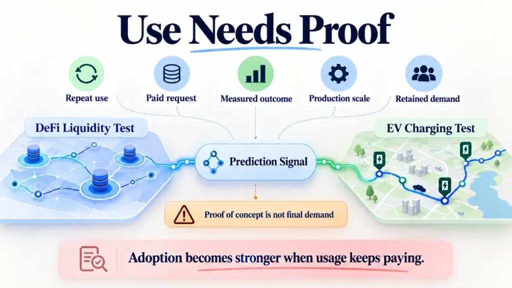 Infographic showing DeFi liquidity and EV charging tests connected by prediction signals and adoption verification markers