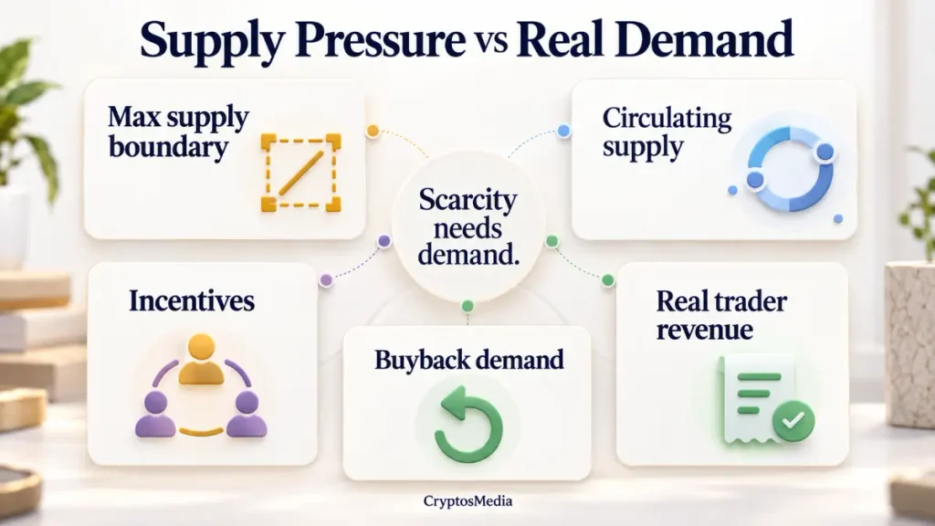Tokenomics infographic showing max supply boundary, circulating supply, incentives, buyback demand, and real trader revenue around scarcity needing demand