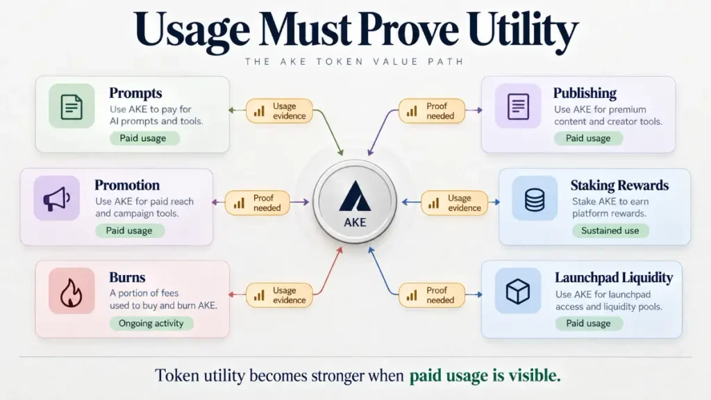 AKE utility infographic showing prompts, publishing, promotion, staking rewards, burns, and launchpad liquidity