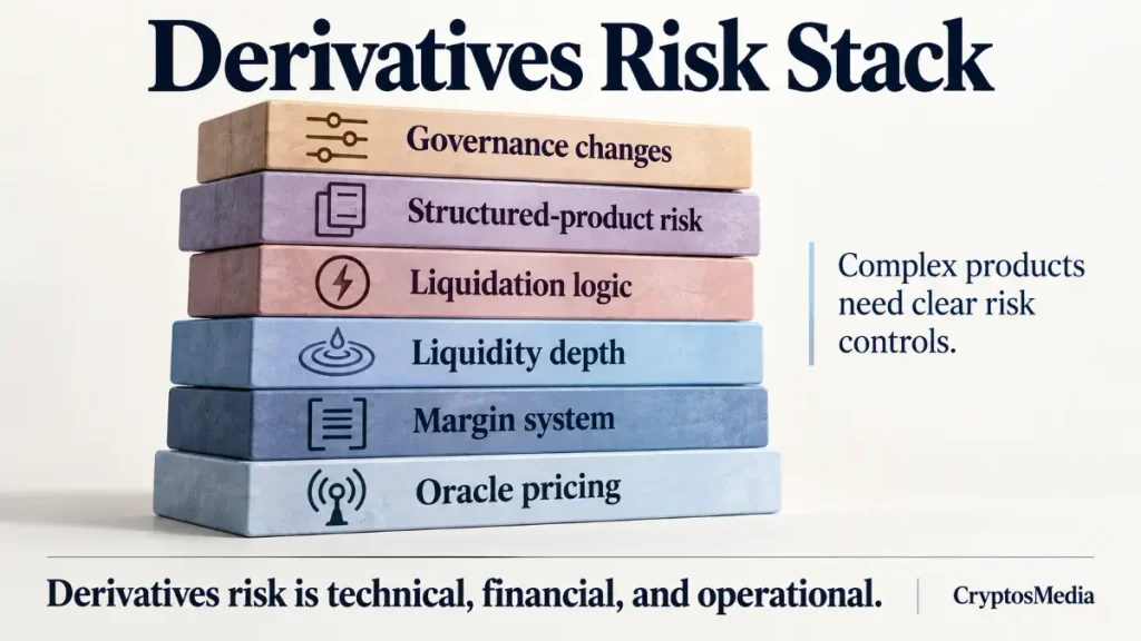 Layered risk-stack image showing oracle pricing, margin system, liquidity depth, liquidation logic, structured-product risk, and governance changes