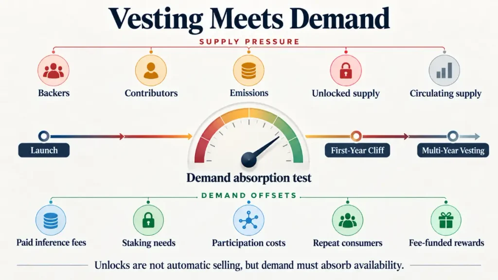 Tokenomics infographic showing ALLO supply pressure, vesting timeline, demand offsets, and a demand absorption gauge