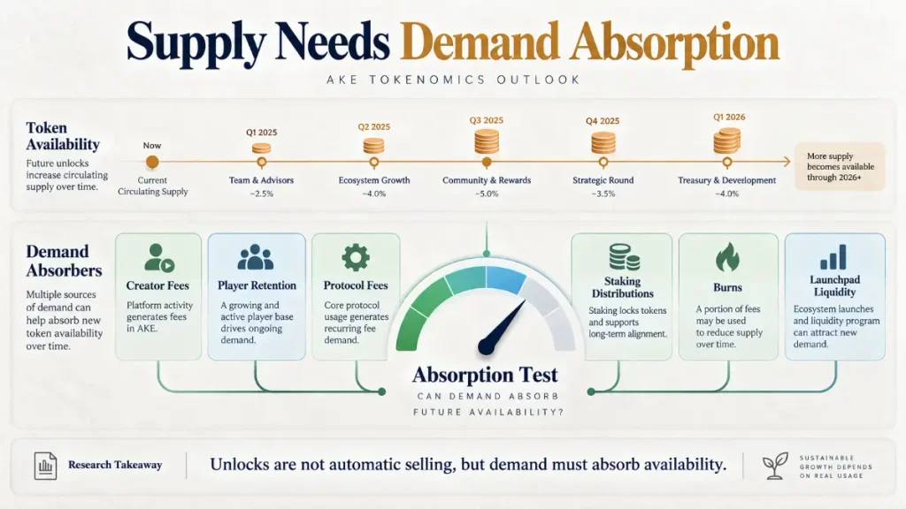AKE tokenomics infographic showing unlock pressure and demand absorption through creator fees and platform usage