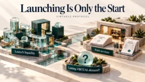 Virtuals Protocol Review illustration contrasting launch liquidity with paid services and lasting VIRTUAL demand