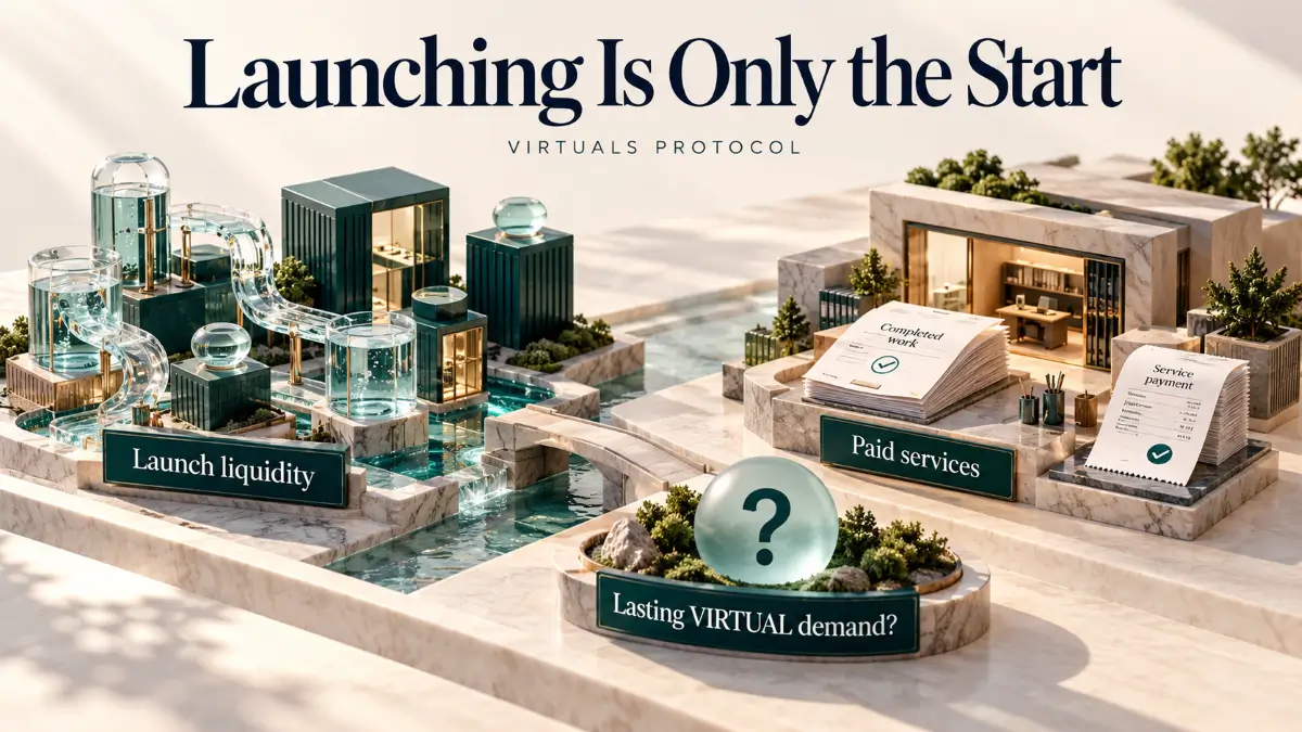 Virtuals Protocol Review illustration contrasting launch liquidity with paid services and lasting VIRTUAL demand