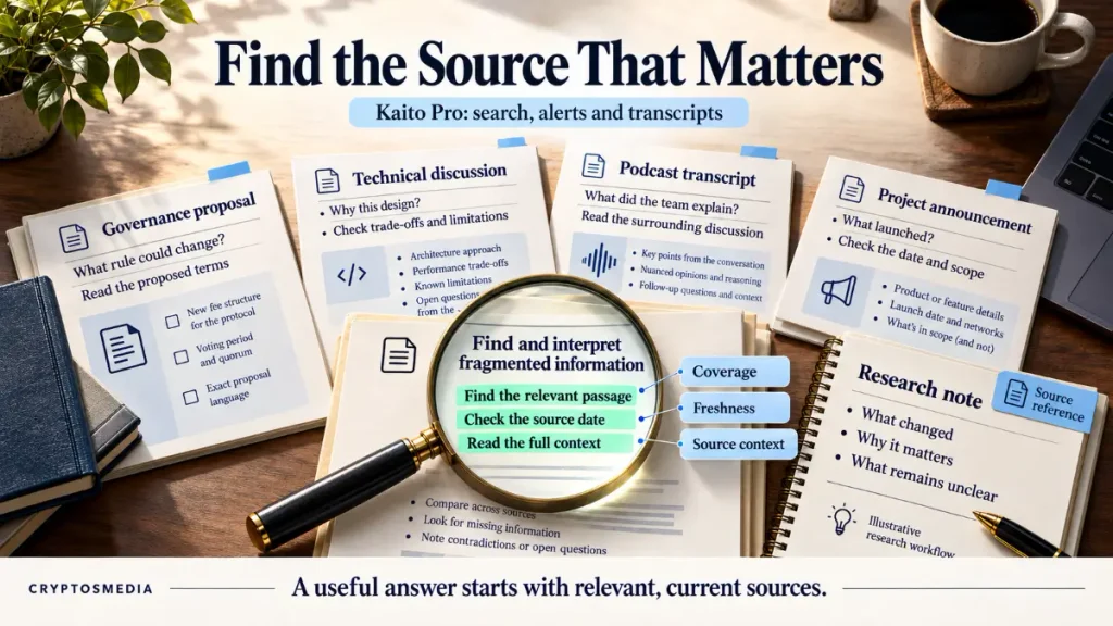 Kaito Pro research illustration showing source documents and context checks
