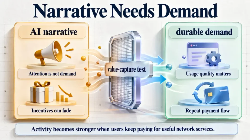 AI narrative and durable demand infographic showing attention filtered through value capture