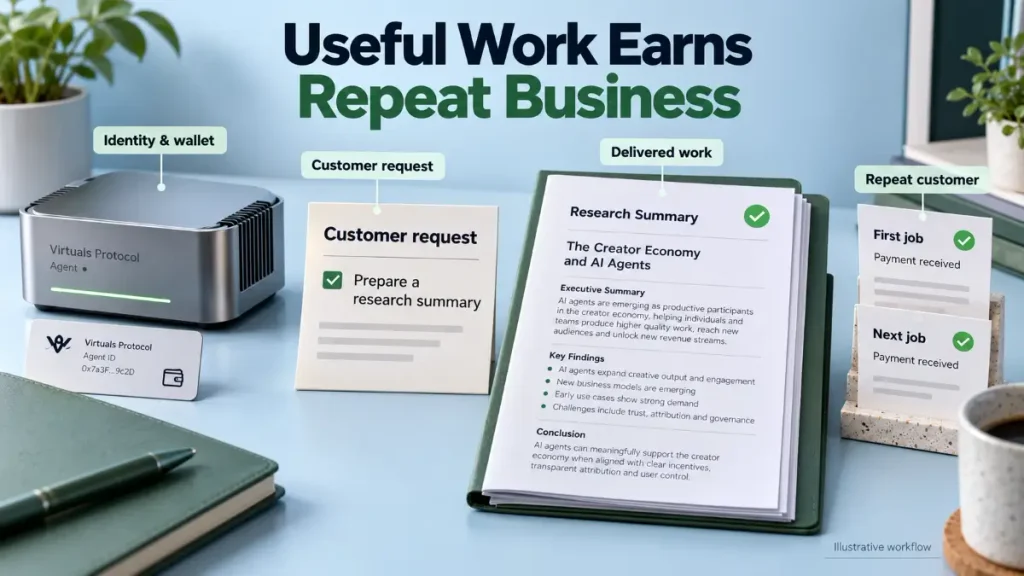 Virtuals agent workflow showing a customer request, completed research and repeat service receipts