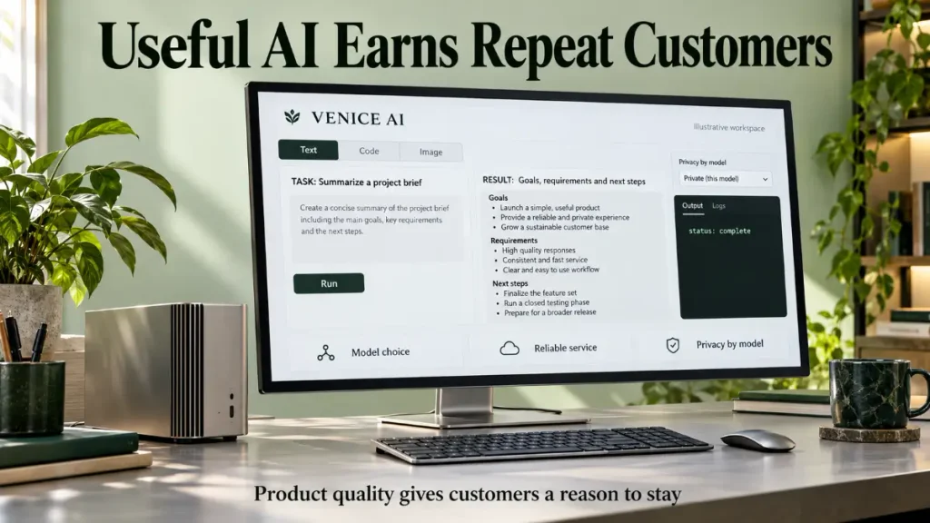 Venice AI workspace illustration showing model choices, sample output and privacy settings
