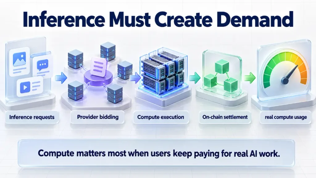 0G Review infographic showing inference requests, provider bidding, compute execution, and on-chain settlement