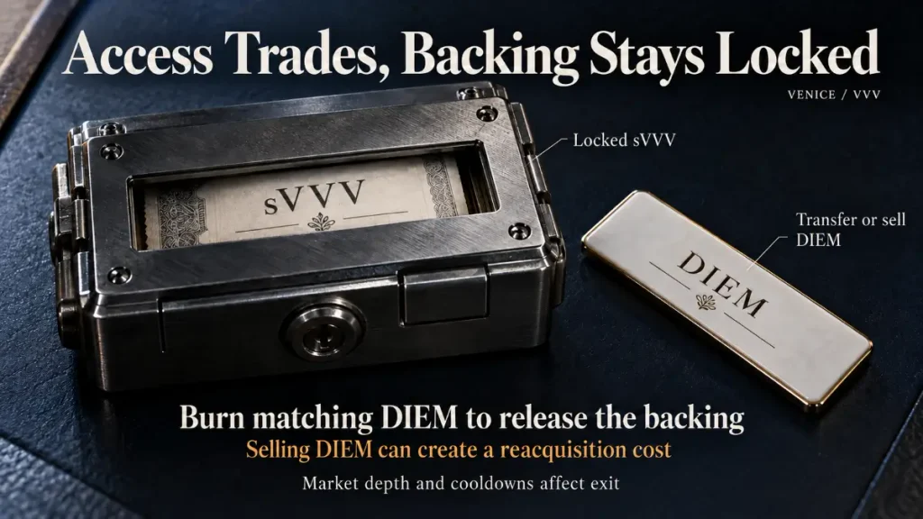 DIEM access pass beside locked sVVV backing with notes about reacquisition costs and exit delays