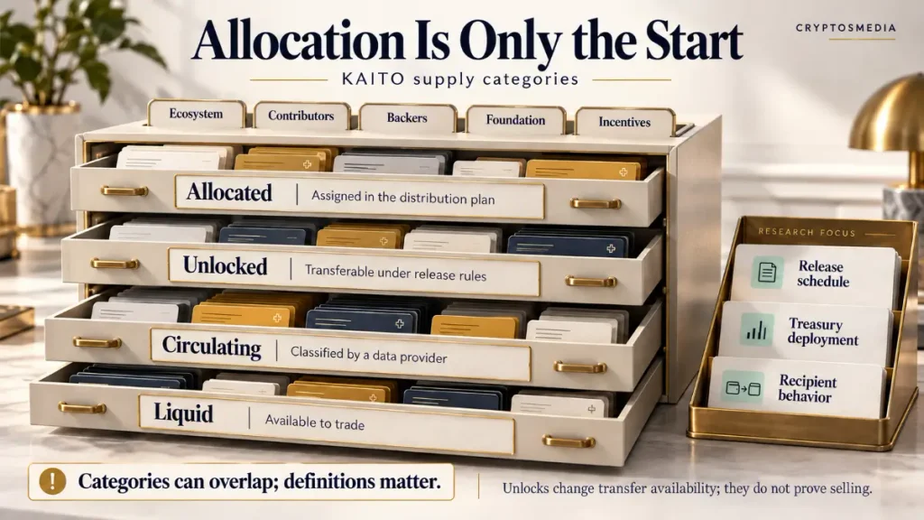 KAITO supply illustration distinguishing allocated, unlocked, circulating and liquid tokens