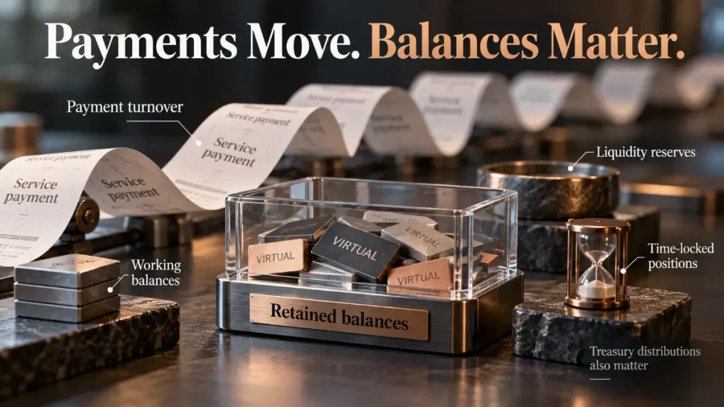 Virtuals Protocol Review illustration showing payment turnover beside retained VIRTUAL balances and time-locked positions
