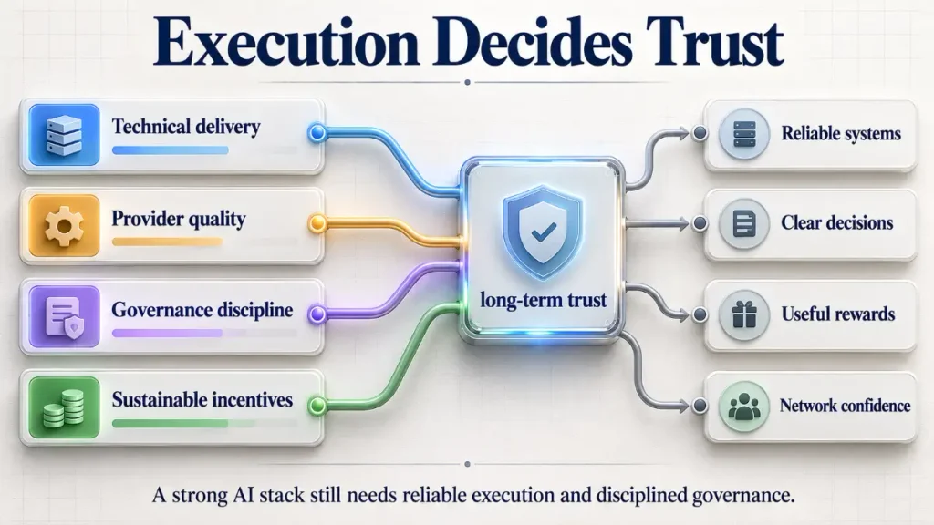 Governance and execution infographic showing technical delivery, provider quality, incentives, and long-term trust