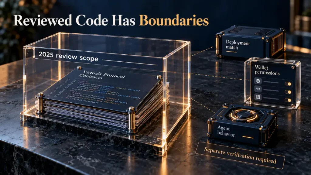 Virtuals contract review boundary separating reviewed code from deployment checks, wallet permissions and agent behavior