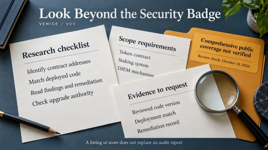 Venice security checklist covering deployed code, review scope, remediation and upgrade authority